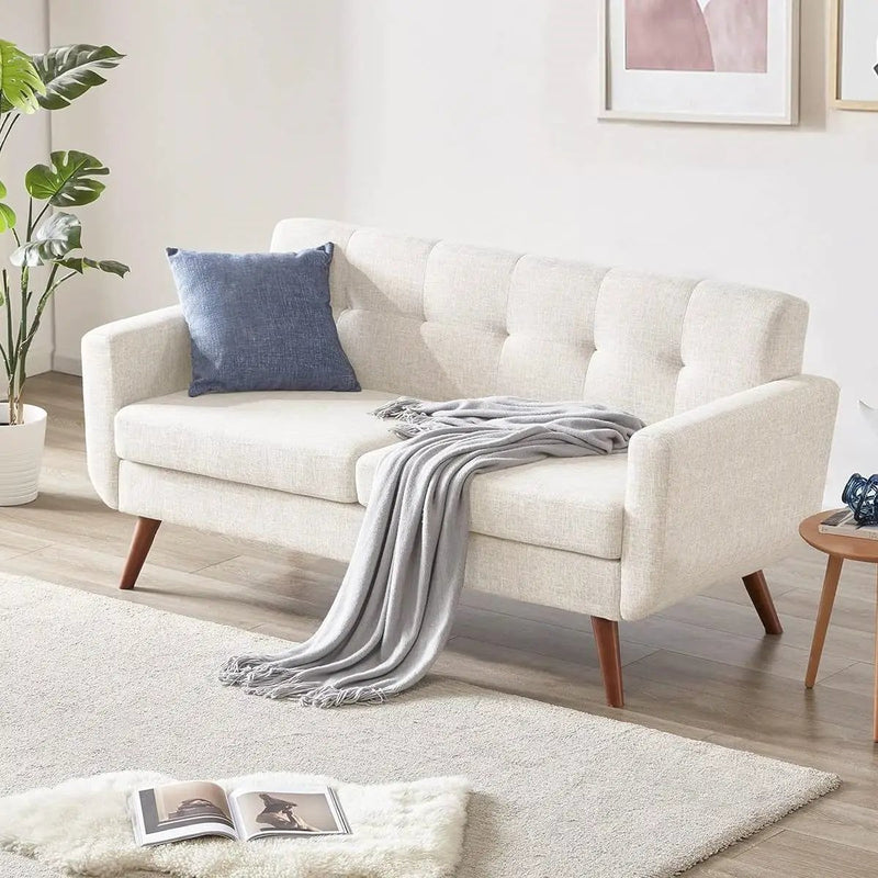 Modern Mid-Century Beige Cotton Polyester Upholstered Sofa Loveseat by HomePacific