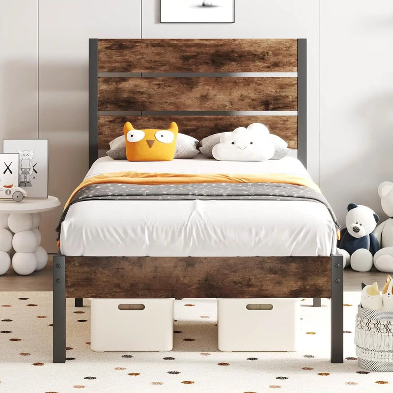 Twin size Modern Farmhouse Metal Platform Bed Frame with Brown Wood Headboard by HomePacific
