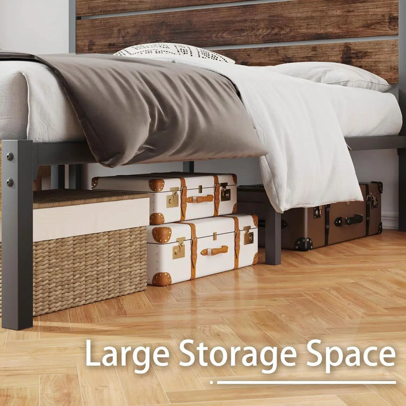 Twin size Modern Farmhouse Metal Platform Bed Frame with Brown Wood Headboard by HomePacific