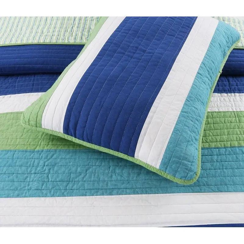 Twin Size Navy Blue/Green/Teal/White Stripe 100-Percent Cotton Quilt Set by HomePacific
