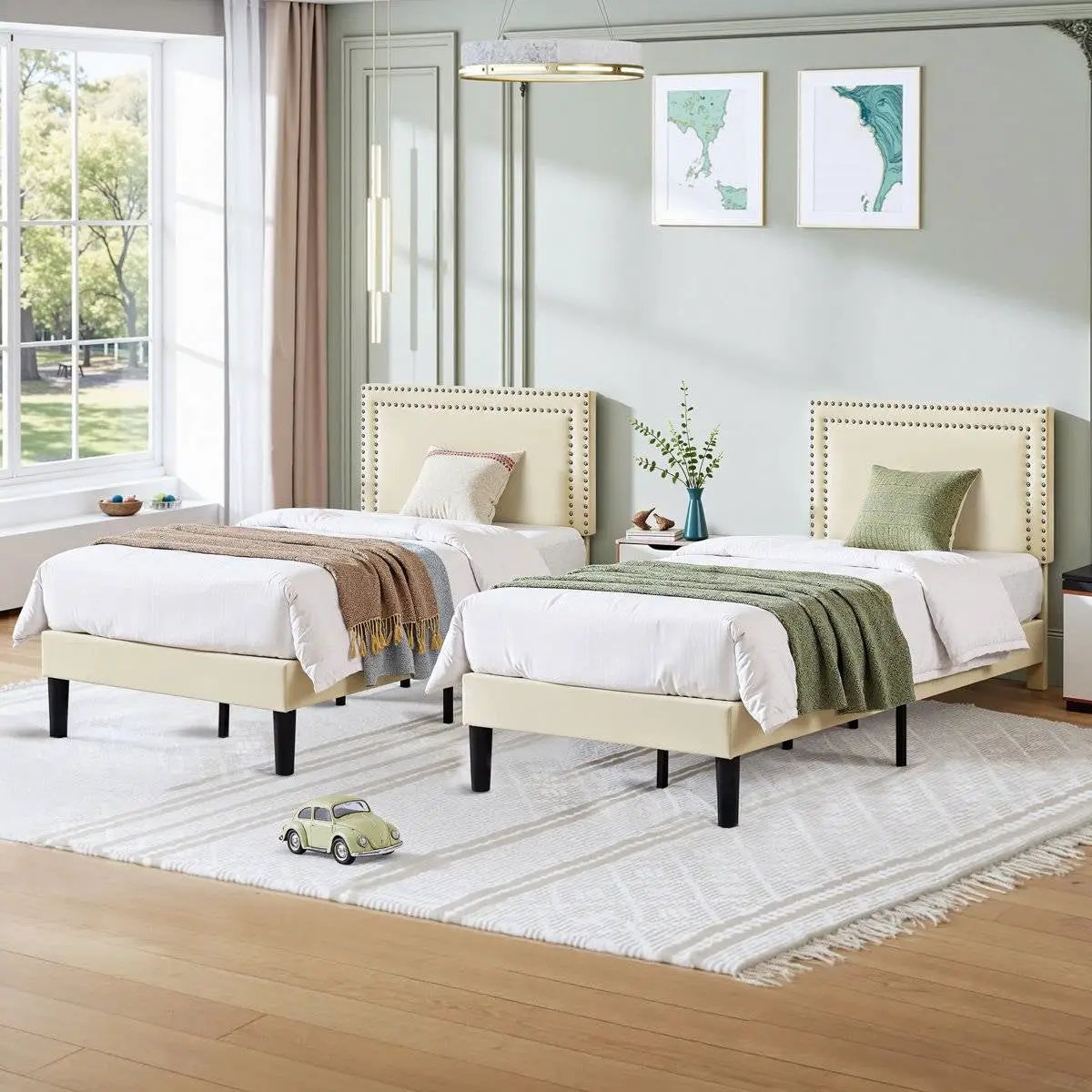 Twin Size - Set of 2 - Dorm Style Beige Tufted Upholstered Platform Beds by HomePacific