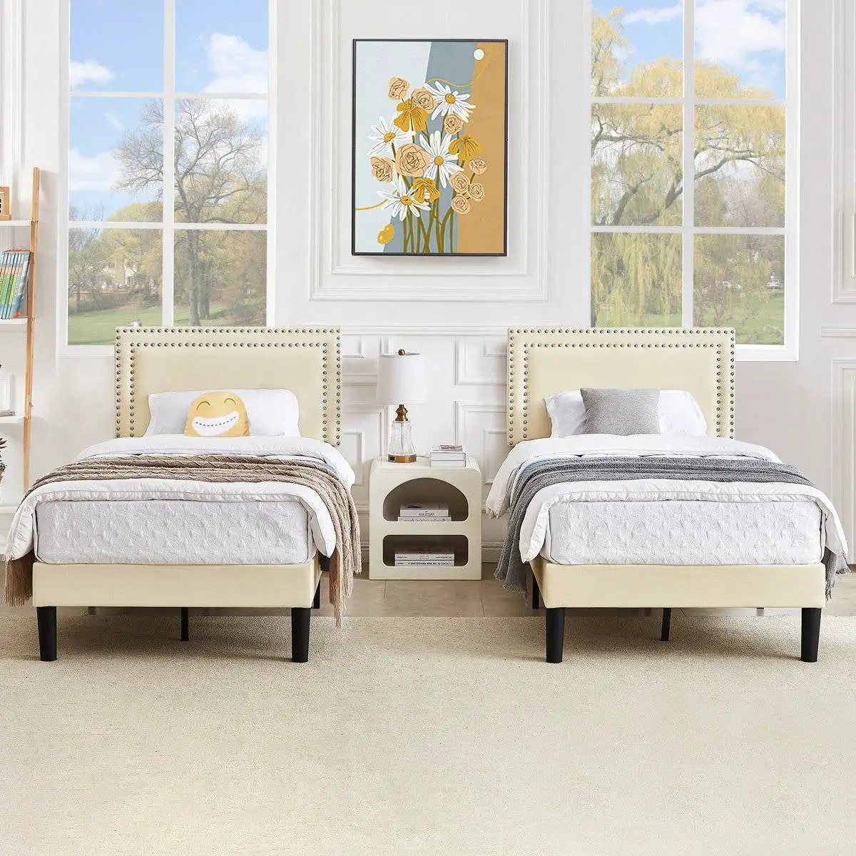 Twin Size - Set of 2 - Dorm Style Beige Tufted Upholstered Platform Beds by HomePacific
