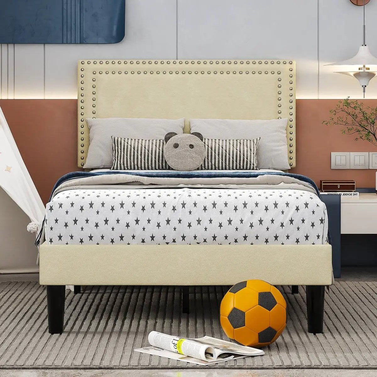 Twin Size - Set of 2 - Dorm Style Beige Tufted Upholstered Platform Beds by HomePacific