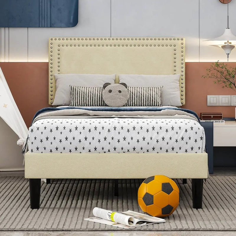 Twin Size - Set of 2 - Dorm Style Beige Tufted Upholstered Platform Beds by HomePacific