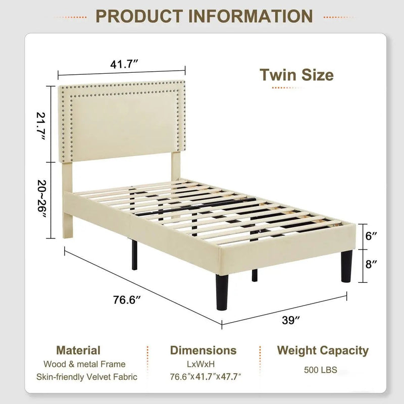 Twin Size - Set of 2 - Dorm Style Beige Tufted Upholstered Platform Beds by HomePacific