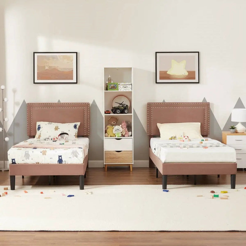 Set of 2 - Twin size Brown Tan Tufted Upholstered Platform Bed with Headboard by HomePacific