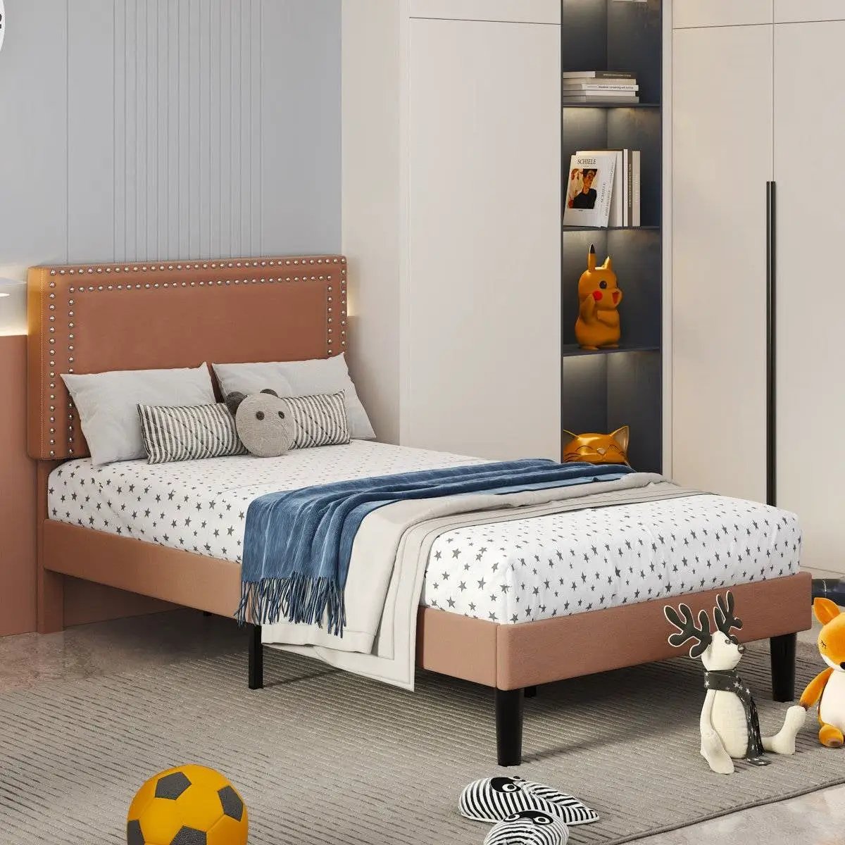 Set of 2 - Twin size Brown Tan Tufted Upholstered Platform Bed with Headboard by HomePacific