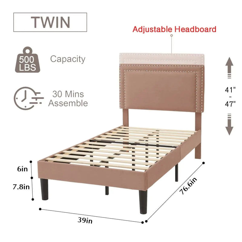 Set of 2 - Twin size Brown Tan Tufted Upholstered Platform Bed with Headboard by HomePacific