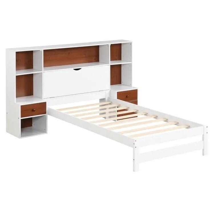 Twin Bed Frame with White Walnut Bookcase Storage Headboard and 2 Nightstands by HomePacific