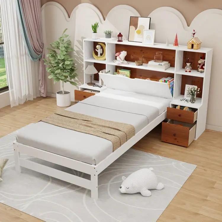 Twin Bed Frame with White Walnut Bookcase Storage Headboard and 2 Nightstands by HomePacific