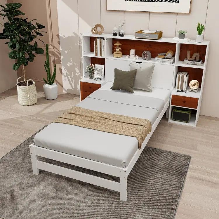 Twin Bed Frame with White Walnut Bookcase Storage Headboard and 2 Nightstands by HomePacific