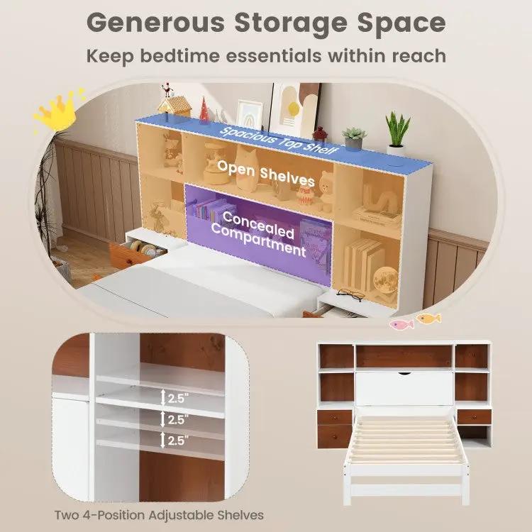 Twin Bed Frame with White Walnut Bookcase Storage Headboard and 2 Nightstands by HomePacific