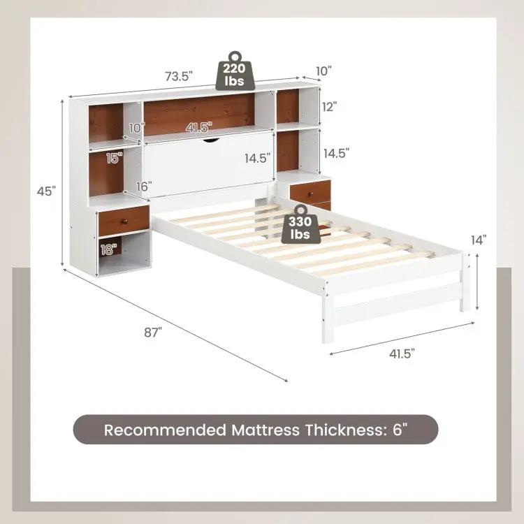Twin Bed Frame with White Walnut Bookcase Storage Headboard and 2 Nightstands by HomePacific