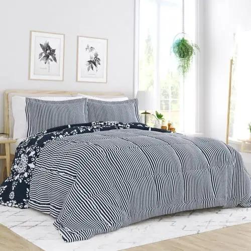 Twin size 3-Piece Navy Blue White Reversible Floral Striped Comforter Set by HomePacific