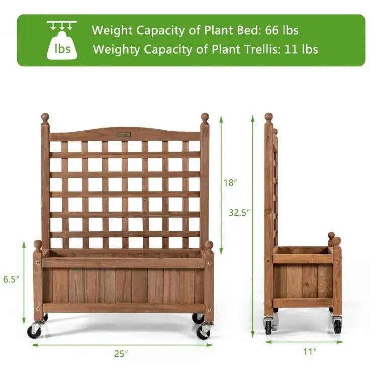 Solid Fir Wood Outdoor Raised Garden Bed Planter Box Cart on Wheels with Trellis by HomePacific