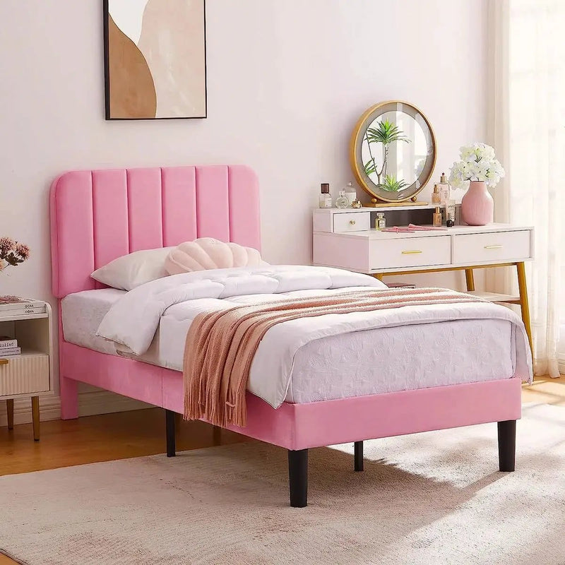 Twin size Pink Upholstered Platform Bed Frame with Headboard by HomePacific