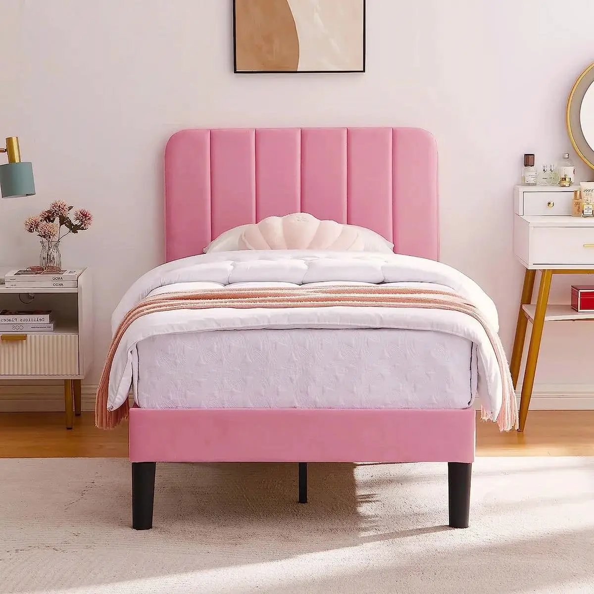 Twin size Pink Upholstered Platform Bed Frame with Headboard by HomePacific