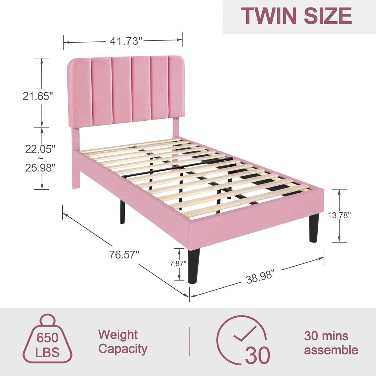 Twin size Pink Upholstered Platform Bed Frame with Headboard by HomePacific