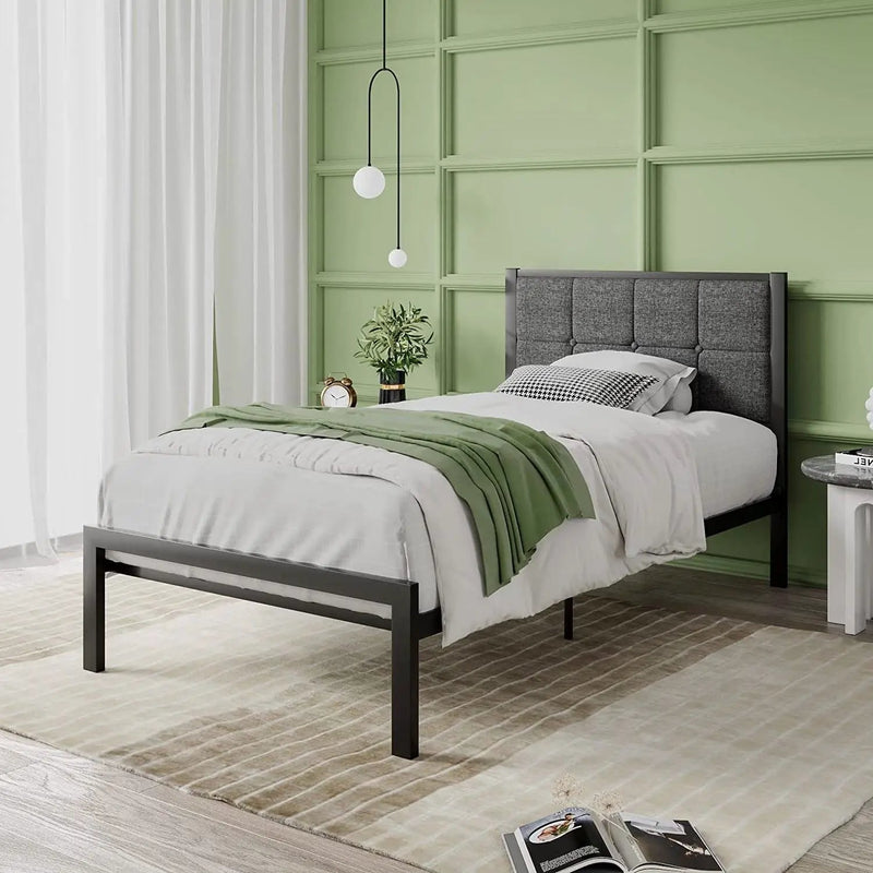 Twin Metal Platform Bed Frame with Gray Button Tufted Upholstered Headboard by HomePacific