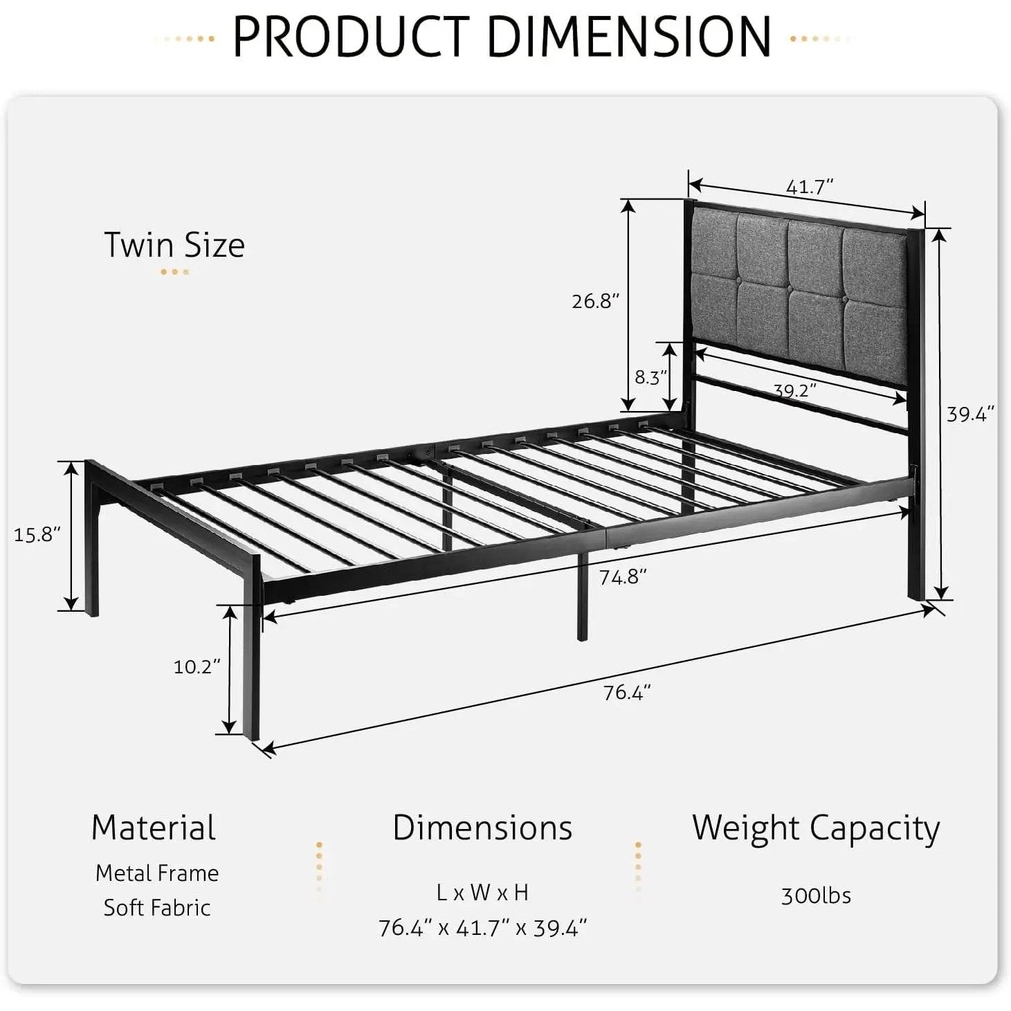 Twin Metal Platform Bed Frame with Gray Button Tufted Upholstered Headboard by HomePacific