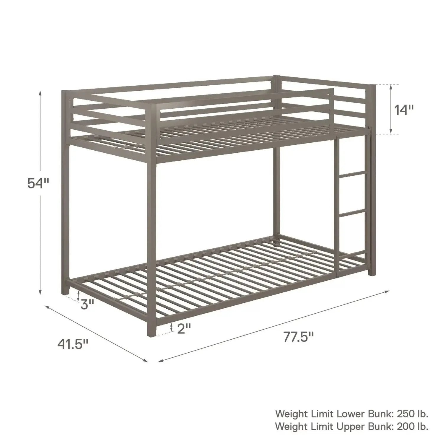 Twin over Twin size Modern Low Height Silver Grey Metal Bunk Bed by HomePacific