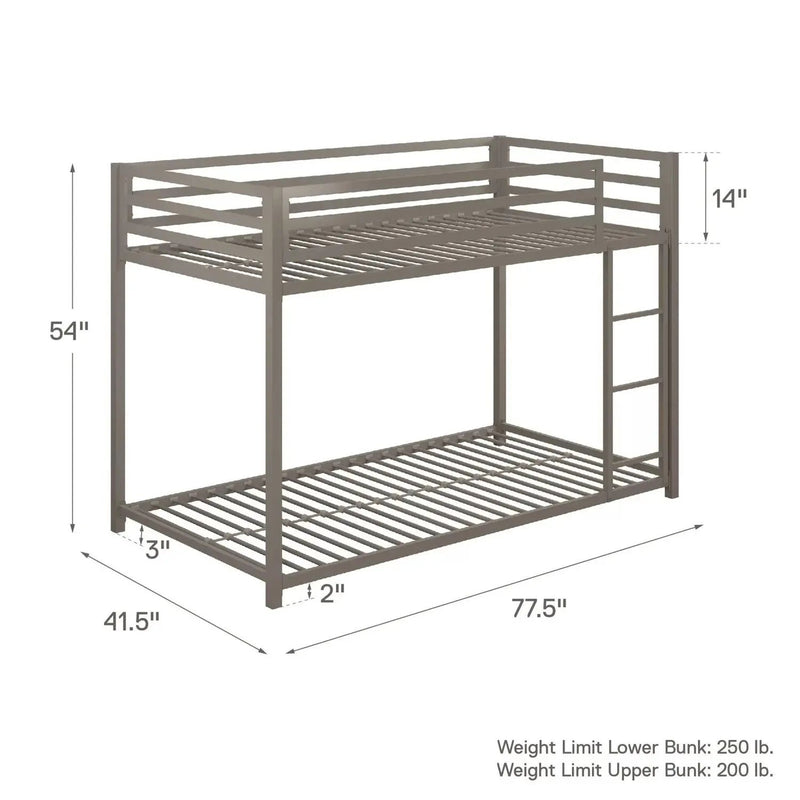 Twin over Twin size Modern Low Height Silver Grey Metal Bunk Bed by HomePacific