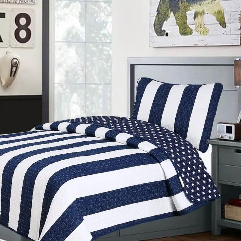 Twin 2 Piece Navy White Stars Stripes 100-Percent Cotton Reversible Quilt Set by HomePacific