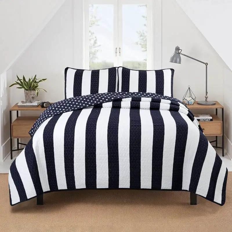 Twin 2 Piece Navy White Stars Stripes 100-Percent Cotton Reversible Quilt Set by HomePacific