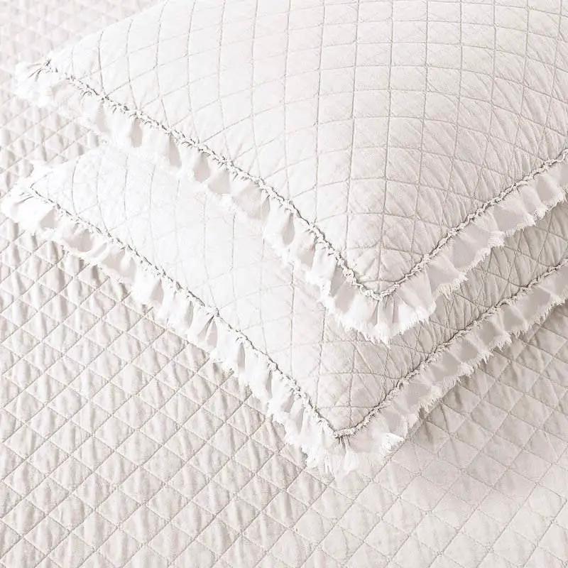 Twin White Farmhouse Microfiber Diamond Quilted Bedspread Set Frayed Edges by HomePacific