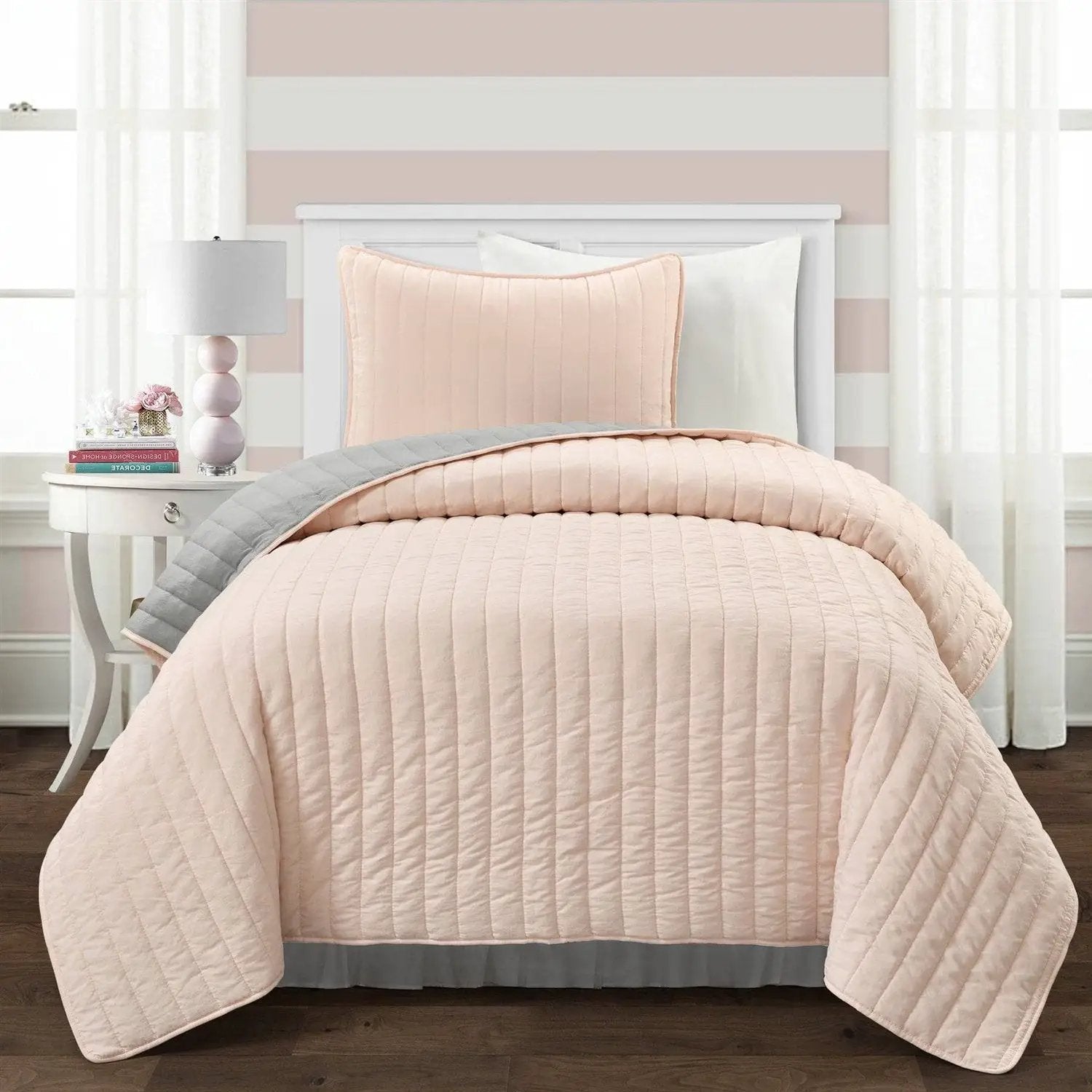 Twin/Twin XL Soft Reversible Lightweight Quilt Set in Rose Blush Pink and Grey by HomePacific