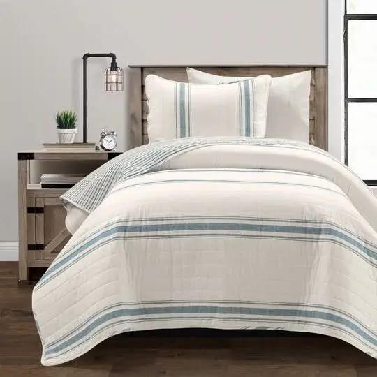 Twin/Twin XL Blue Off-White Stripe 2 Piece Reversible Cotton Quilt Set by HomePacific