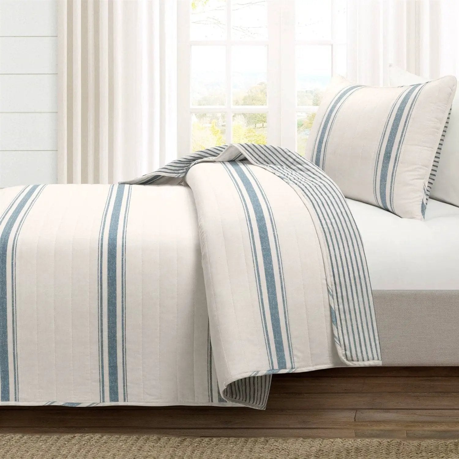 Twin/Twin XL Blue Off-White Stripe 2 Piece Reversible Cotton Quilt Set by HomePacific
