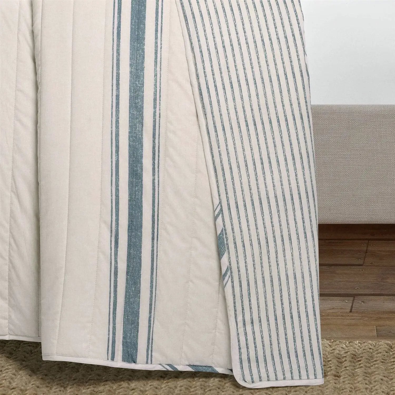 Twin/Twin XL Blue Off-White Stripe 2 Piece Reversible Cotton Quilt Set by HomePacific
