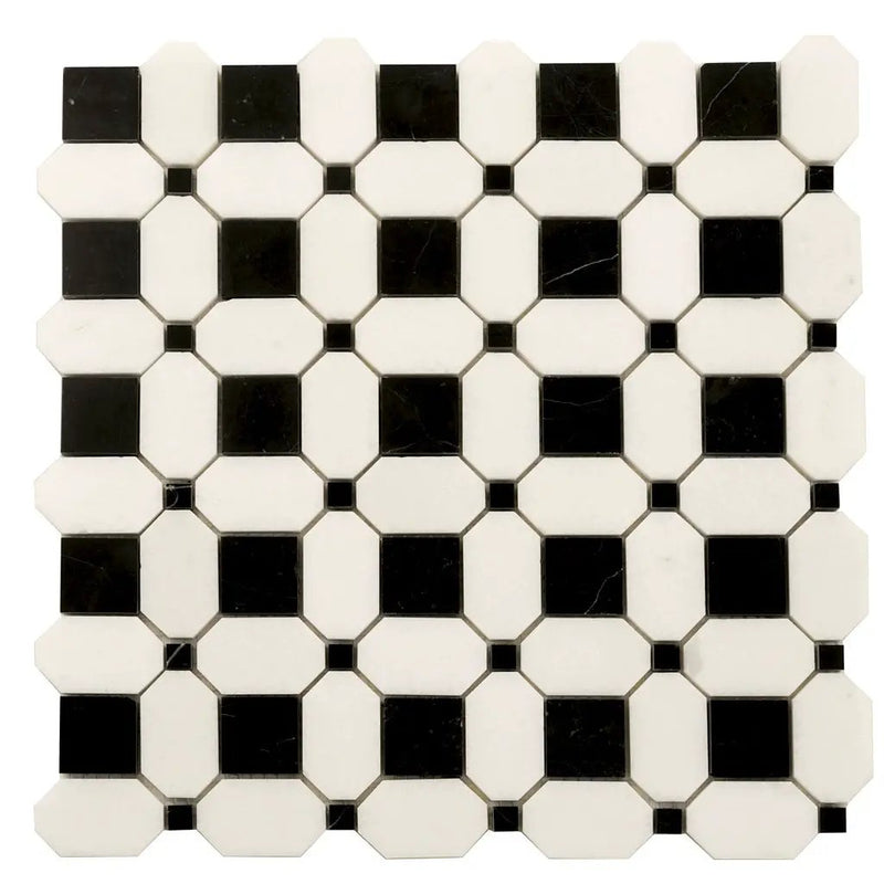 Eastern Black Thassos White 12x12 Polished Octagon Marble Mosaic Tile (5 pack, 5.08 sq ft/case) by Apollo Tile