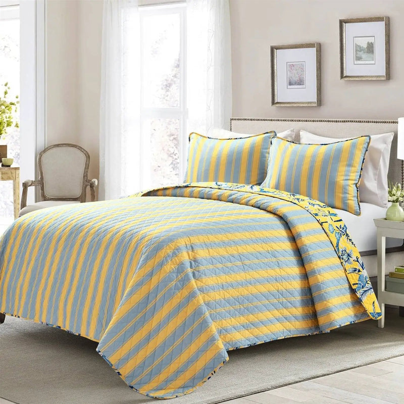King Size Lightweight Peacocks Polyester Quilt Set Yellow Blue by HomePacific