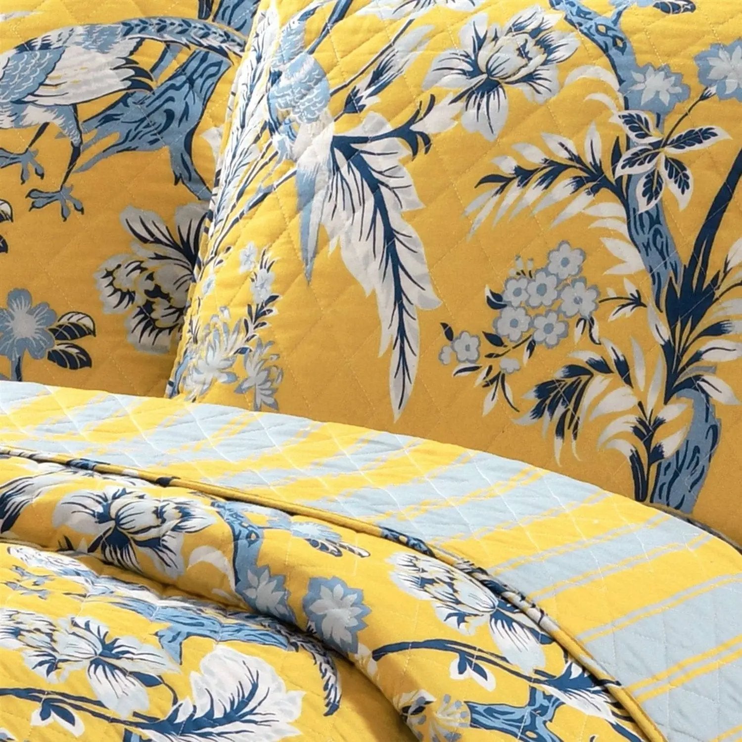 King Size Lightweight Peacocks Polyester Quilt Set Yellow Blue by HomePacific
