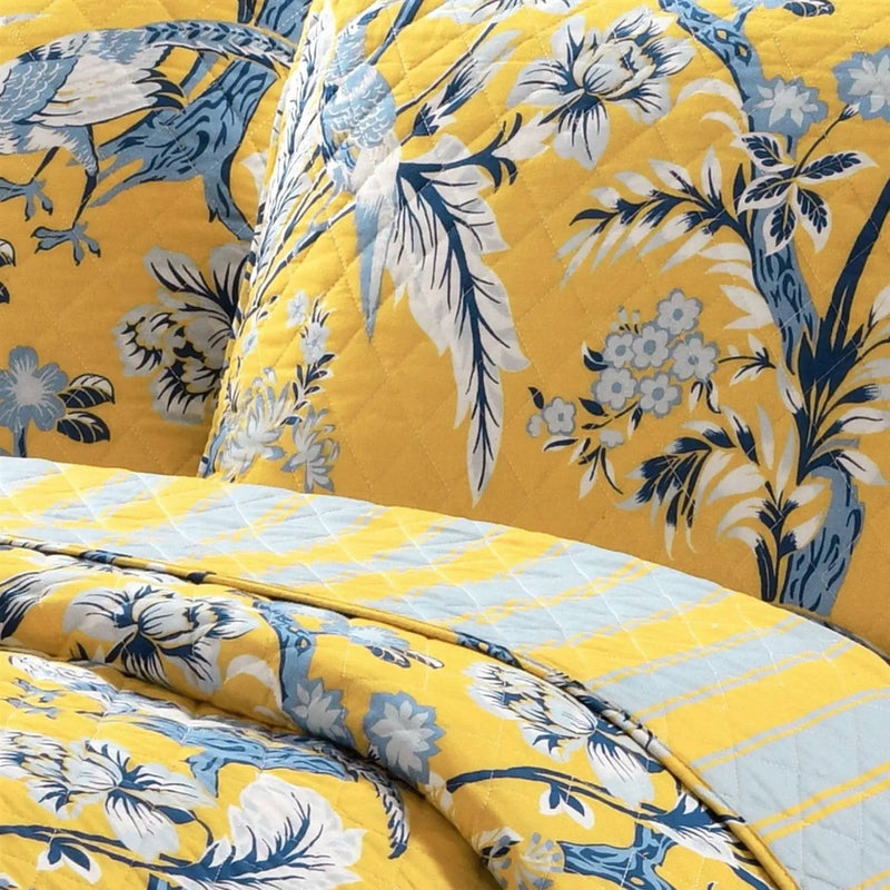 King Size Lightweight Peacocks Polyester Quilt Set Yellow Blue by HomePacific
