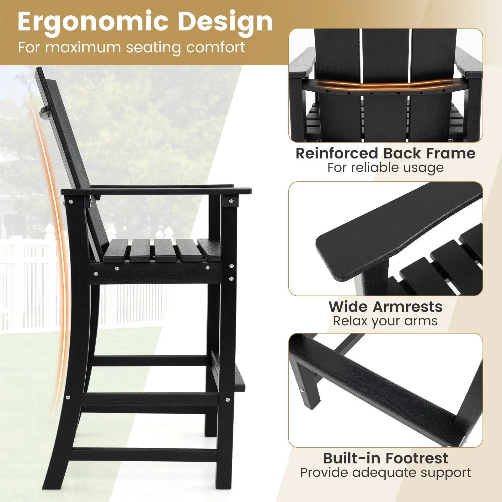 Tall Adirondack Chair Outdoor Bar Stool with Ergonomic Backrest for Backyard by DirectDeals