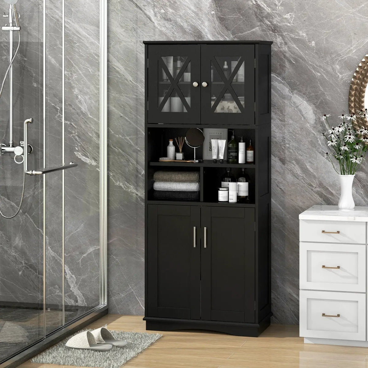Tall Bathroom Cabinet Large Floor Storage Cabinet with Acrylic Doors and 3 Cubes by DirectDeals