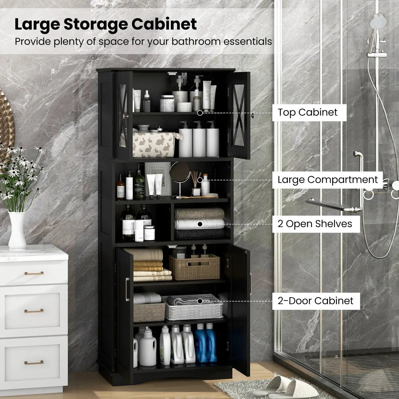 Tall Bathroom Cabinet Large Floor Storage Cabinet with Acrylic Doors and 3 Cubes by DirectDeals