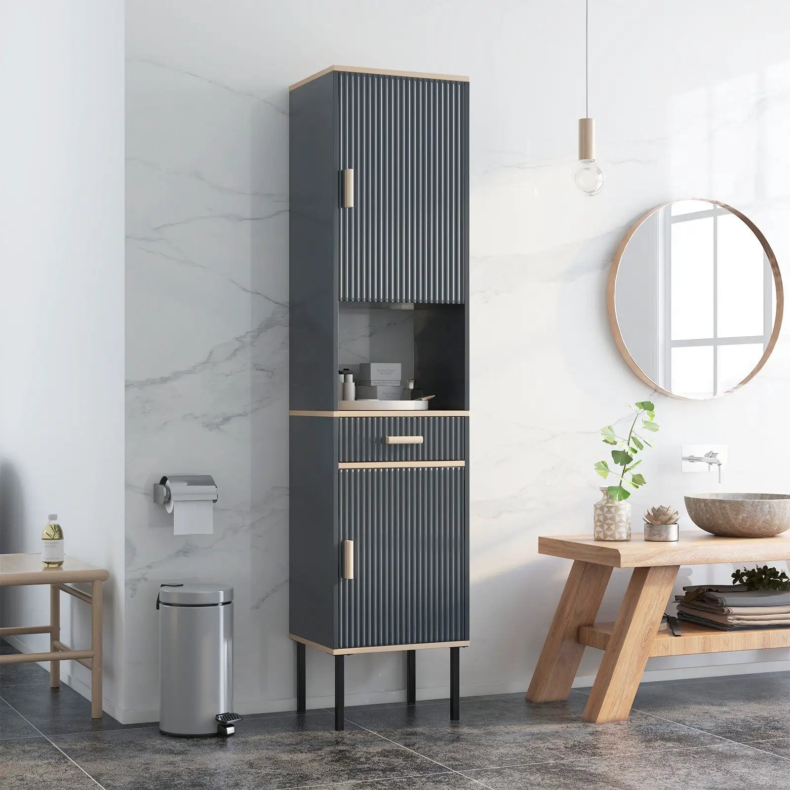 Free-Standing Bathroom Cabinet Narrow Linen with Doors and Drawer-Gray by DirectDeals