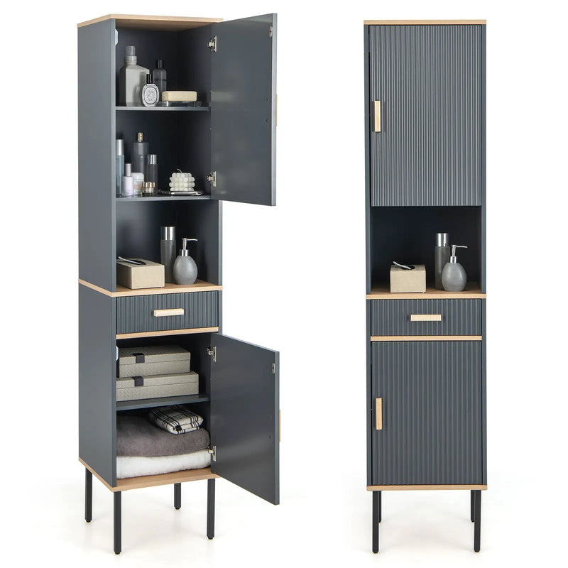 Free-Standing Bathroom Cabinet Narrow Linen with Doors and Drawer-Gray by DirectDeals