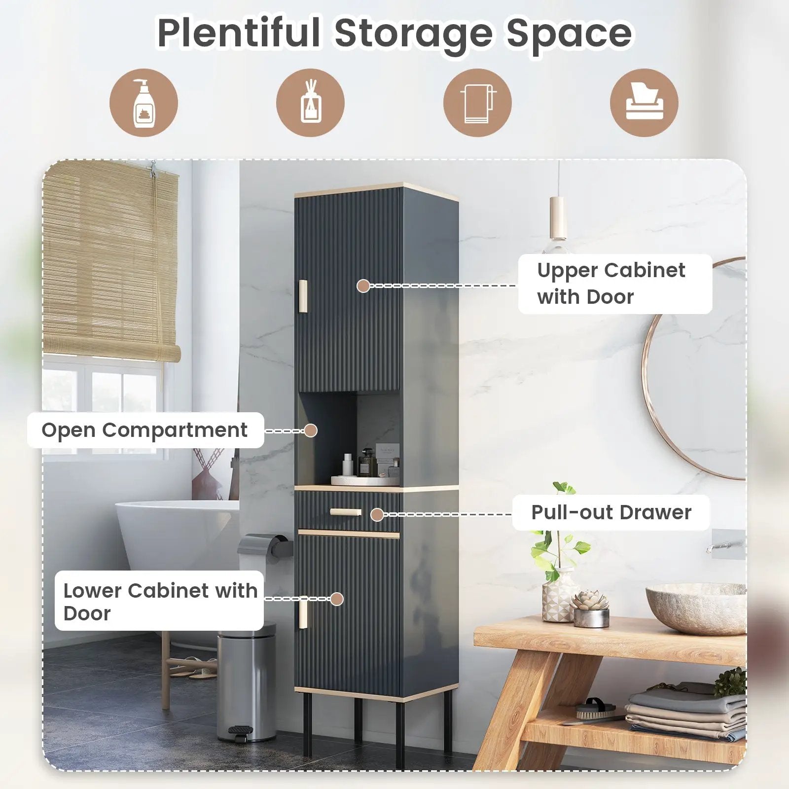 Free-Standing Bathroom Cabinet Narrow Linen with Doors and Drawer-Gray by DirectDeals