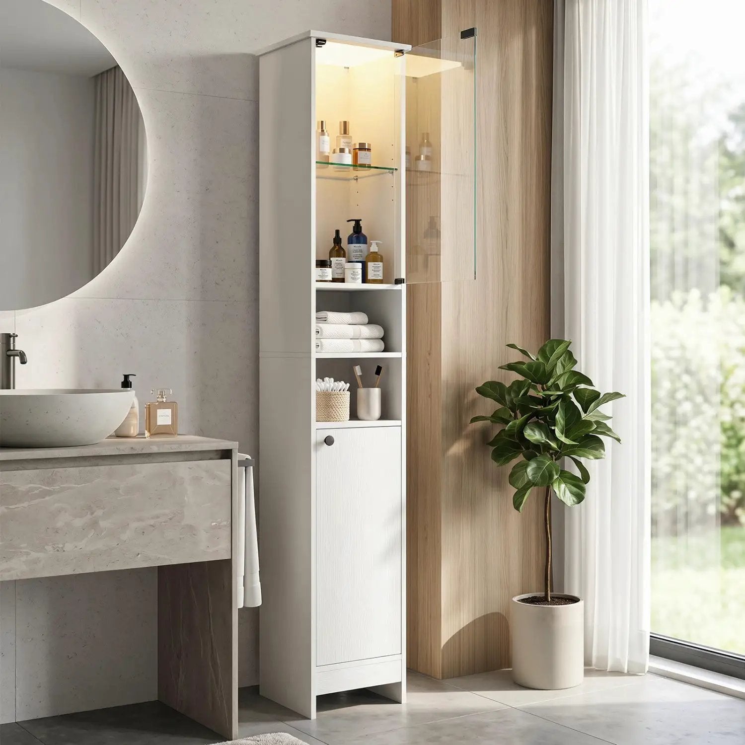 Tall Bathroom Storage Cabinet with LED Lights and Adjustable Shelves by DirectDeals