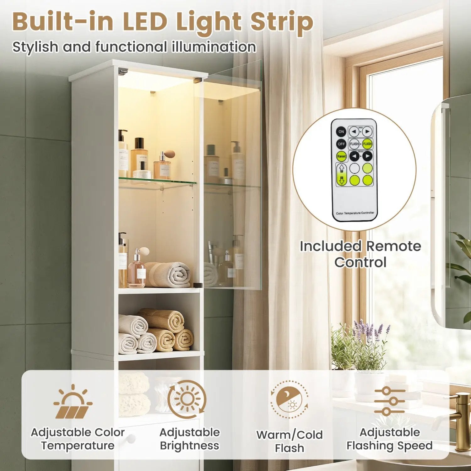 Tall Bathroom Storage Cabinet with LED Lights and Adjustable Shelves by DirectDeals