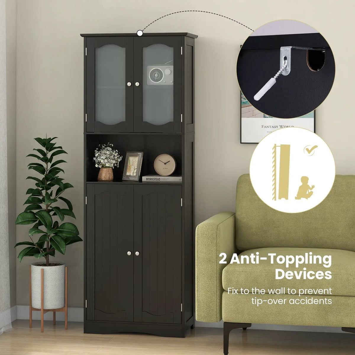 64.5 Inches Tall Bathroom Storage Cabinet with Frost Glass Doors and Shelves by DirectDeals