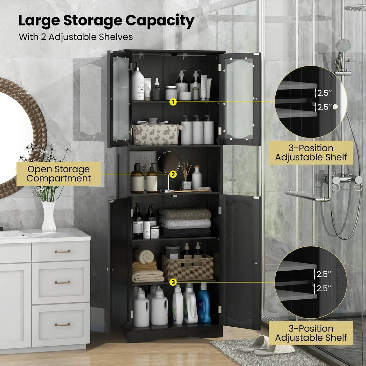 64.5 Inches Tall Bathroom Storage Cabinet with Frost Glass Doors and Shelves by DirectDeals