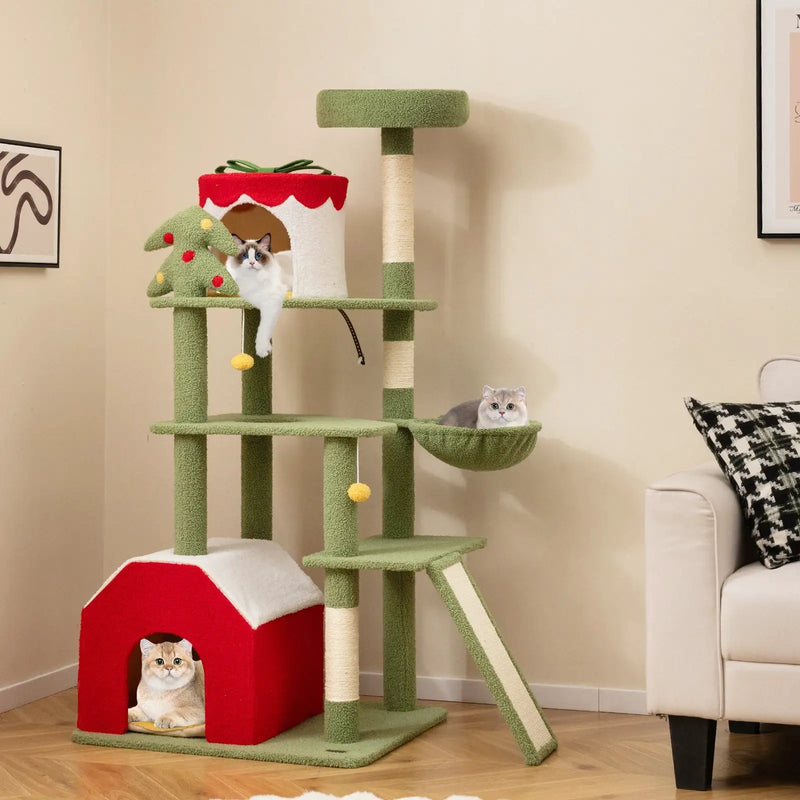 61 Inches Cute Christmas Cat Tree with Sisal Scratching Posts and 2 Condos-Green by DirectDeals