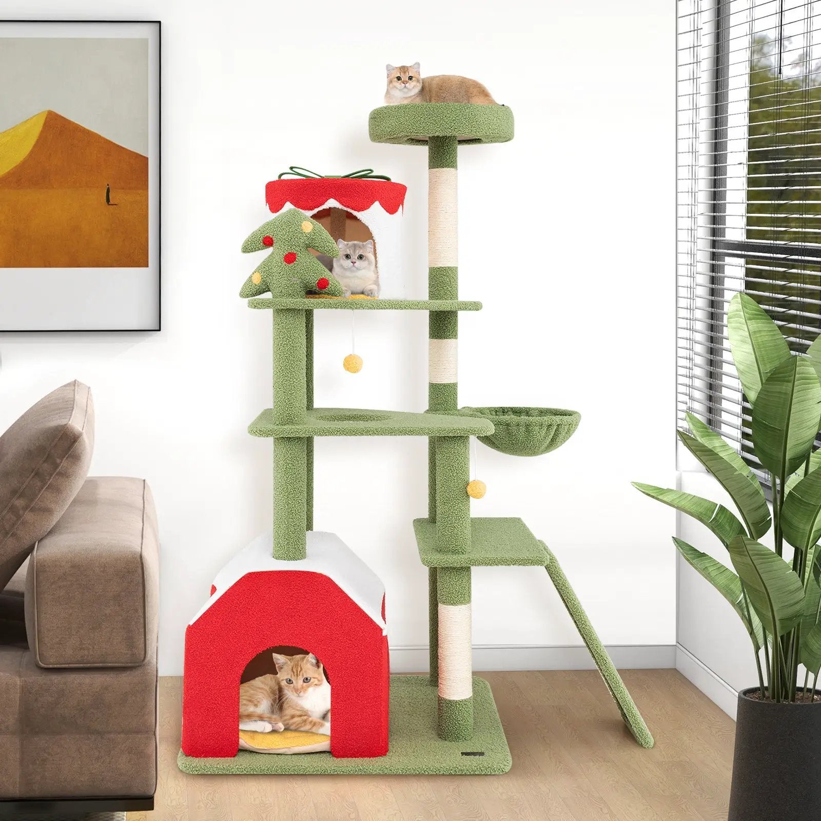 61 Inches Cute Christmas Cat Tree with Sisal Scratching Posts and 2 Condos-Green by DirectDeals