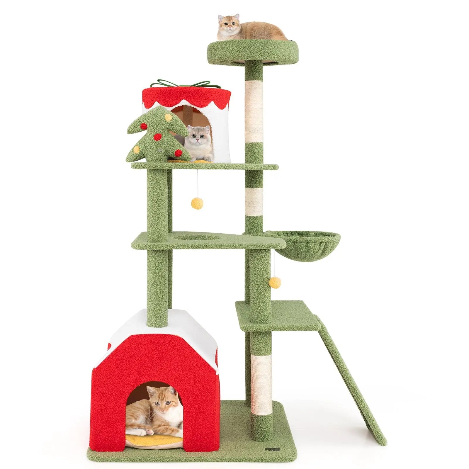61 Inches Cute Christmas Cat Tree with Sisal Scratching Posts and 2 Condos-Green by DirectDeals